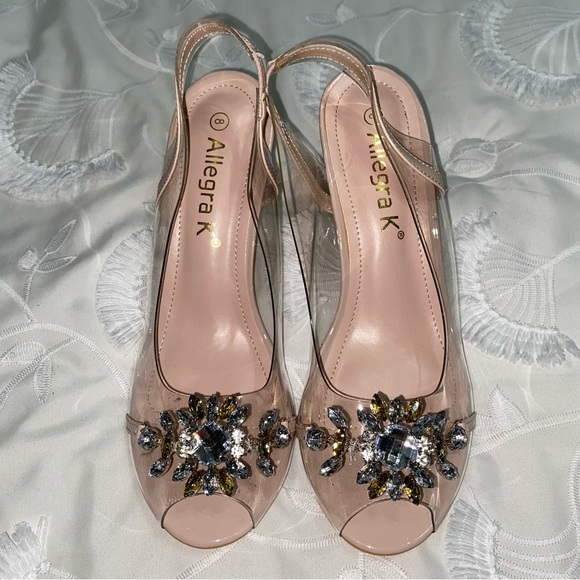 Clear/Beige Slingback Peep Toe “Cinderella” Heels - Picture 3 of 7